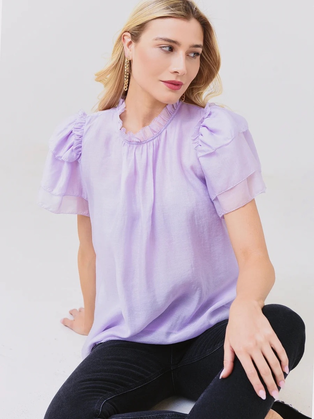 HUNTER BELL BLAIR Lavender Ruffle-Neck Puff Sleeve Blouse